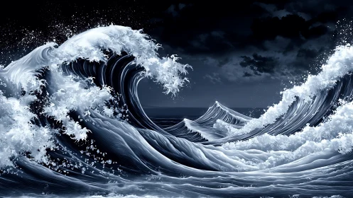 Digital seascape with stylized breaking waves at night.