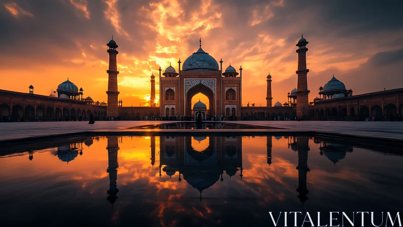 Photorealistic mosque courtyard at sunset with mirror symmetry.