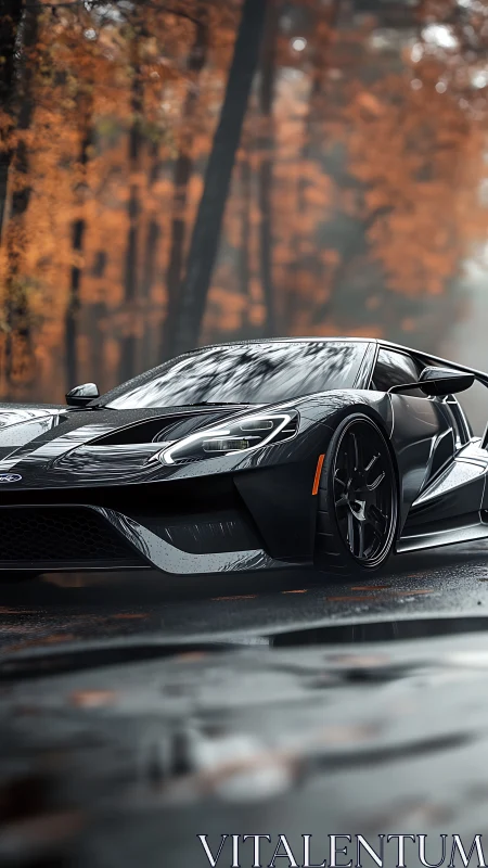 Low-angle black supercar on wet forest road in autumn light