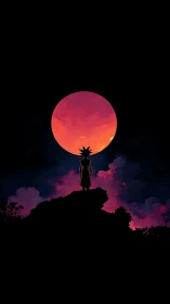 Stargazing warrior crowned by a blazing neon eclipse.