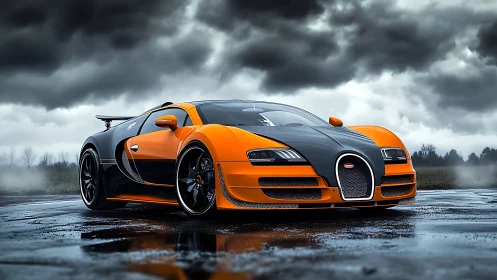 Orange hypercar gleams against stormy sky on wet asphalt