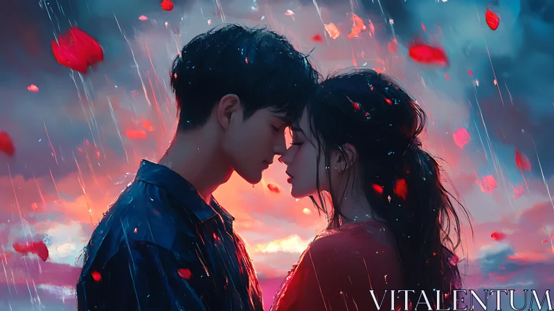Two figures in rain with floating red petals and warm lighting.