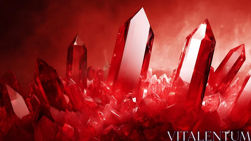 High-gloss ruby crystal cluster under diffuse red backlight