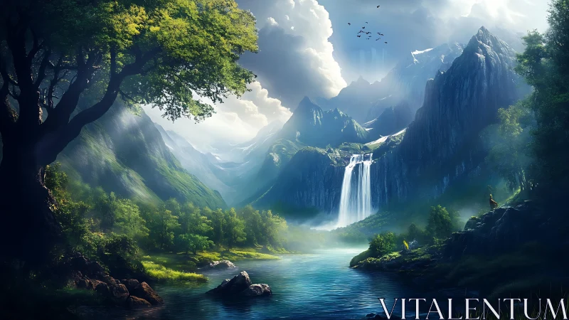 Majestic alpine waterfall cascades into tranquil river basin