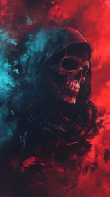 Crimson storms court the hooded reaper in swirling twilight