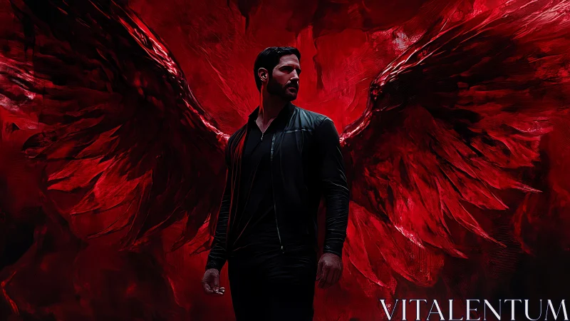 Dark-winged figure posed before crimson abstract wings.