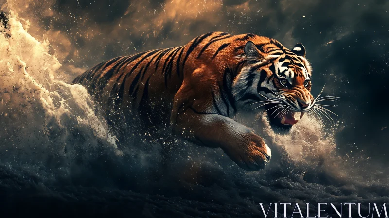 Ferocious tiger surges through dynamic surf under moody light.