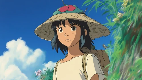 Young traveler in straw hat under clear daytime sky.