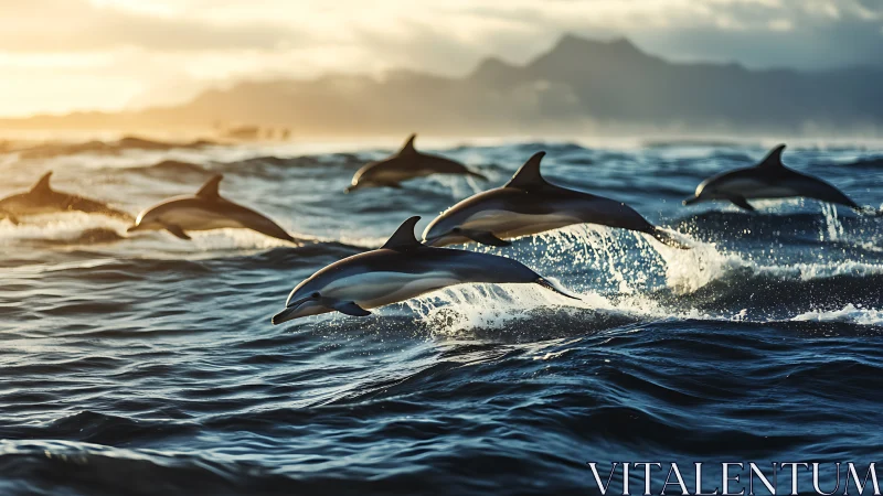 Dolphins leap through golden ocean waves at sunset.