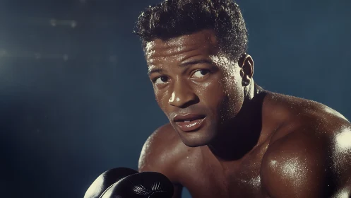 Professional boxer in dramatic lighting, sweat glistening with focused intensity.