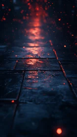 Wet pavement at dusk with glowing red particles suspended in atmosphere.