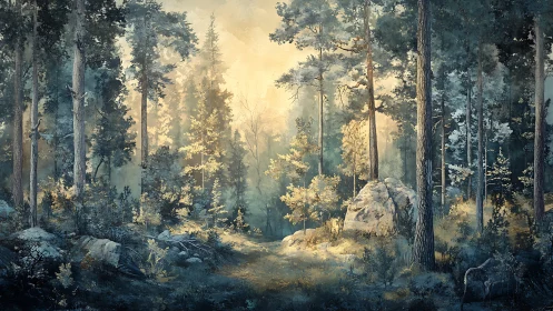 Misty Forest Clearing with Towering Pines.