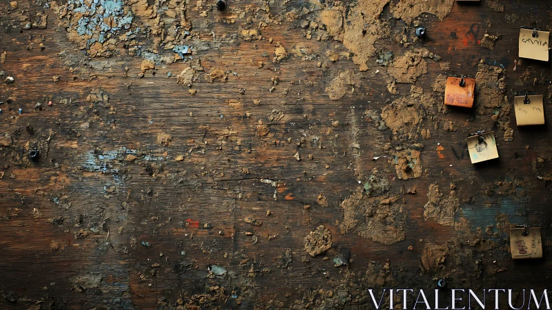 Weathered bulletin board with peeling paint and notes.