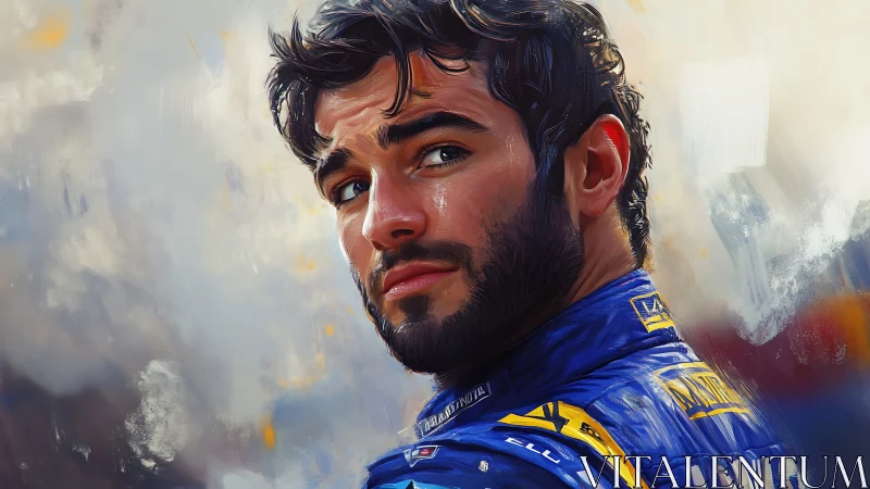 Portrait of racing driver rendered in expressive digital brushwork