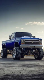 Lifted classic blue pickup dominates low-angle rural horizon