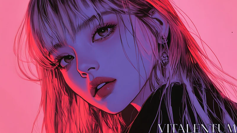 Neon-lit portrait amplifies bold cyan and magenta contrast.