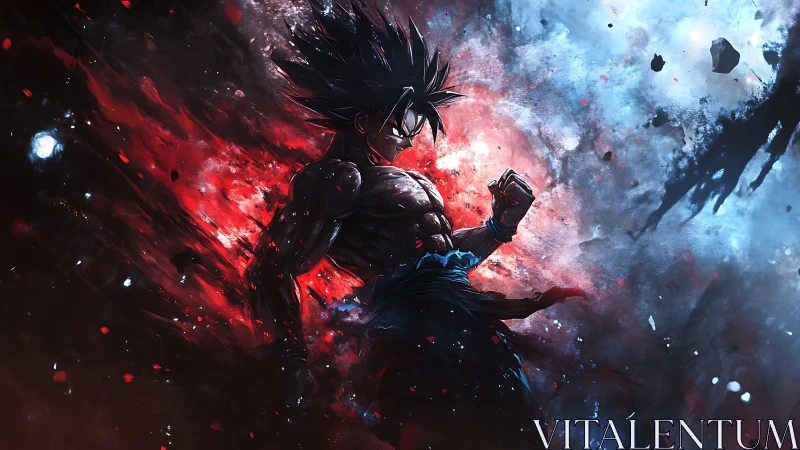 Electrified anime warrior in red-blue energy vortex contrast