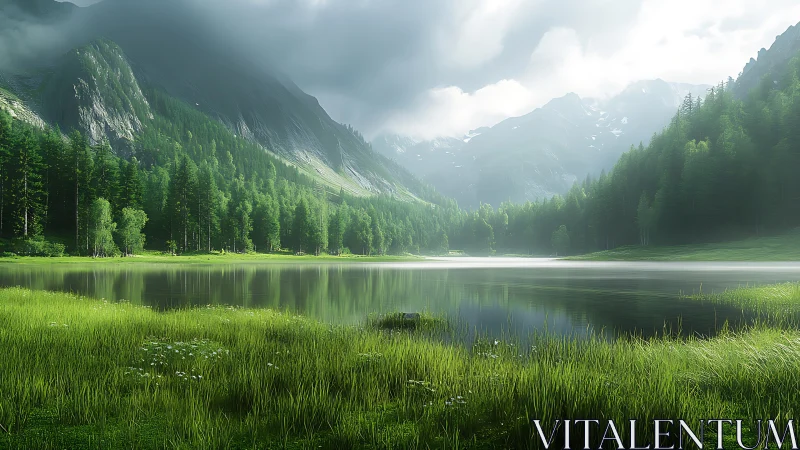 Serene mountain lake wrapped in soft mist and green forest.