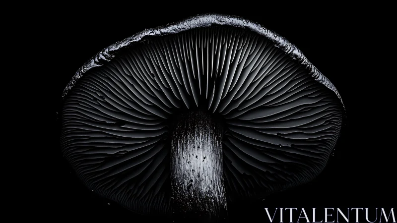 Close-up underside of dark mushroom with dramatic lighting.
