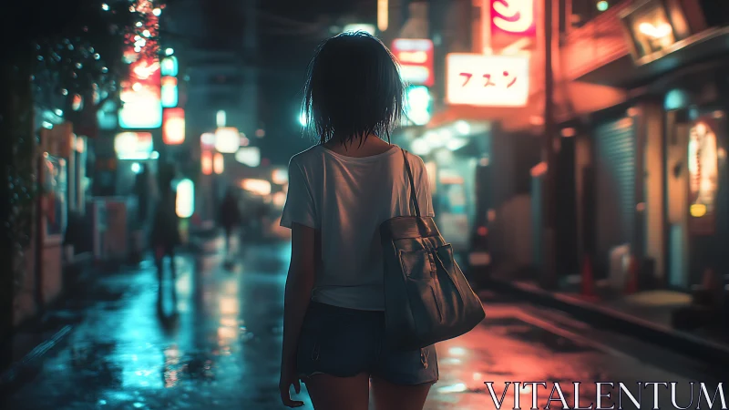 Young woman walks alone through neon lit city street at night.