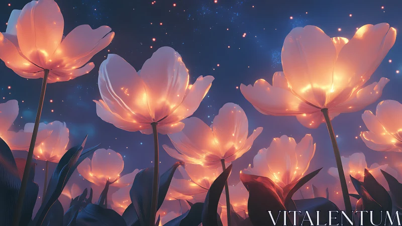 Luminescent tulips bloom under starlit sky.