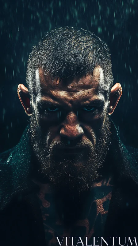 Bearded fighter glares under cold rain with harsh rim light.