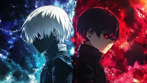 Twinned anime souls divide blue sorrow and crimson rage.