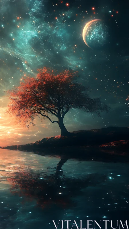 Celestial shoreline tree under nebula sky reflection study.