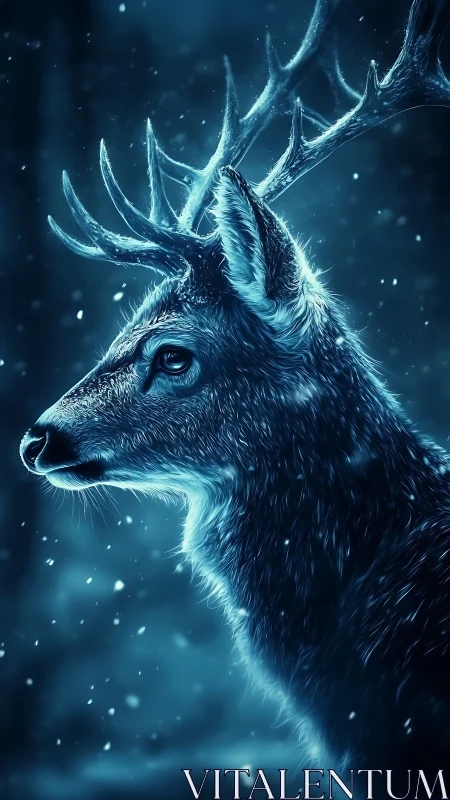 Moonlit stag glows softly in a quiet blue winter snowfall