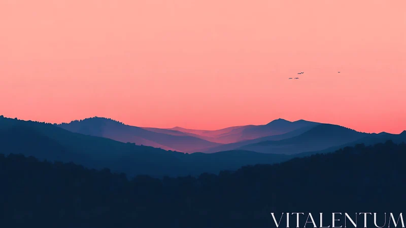 Layered mountain silhouettes recede beneath uniform pink sky