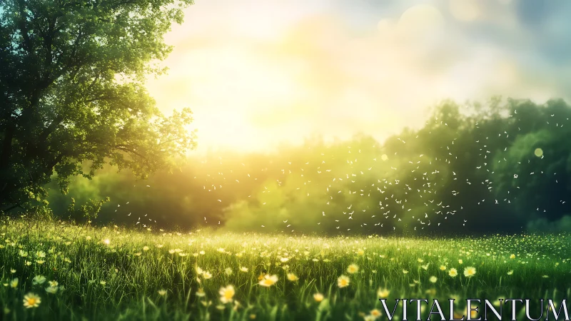 Summer meadow sunrise with glowing bokeh light effects.