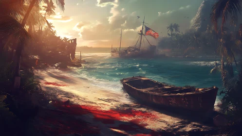 Tropical Cove with Weathered Vessels at Golden Hour.