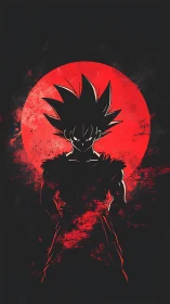 Silhouetted spiky haired warrior against distressed red sun