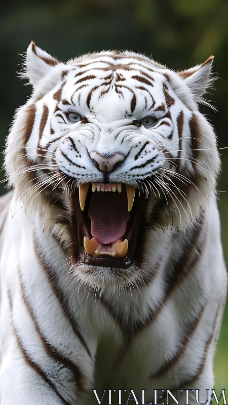 Snarling white tiger baring sharp fangs in close frontal view.