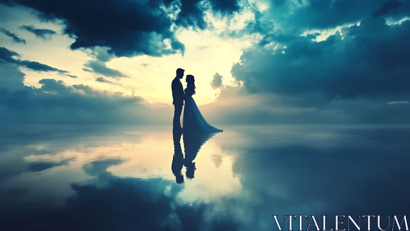 Silhouetted Couple Beneath Golden Sky at Reflective Waterscape.
