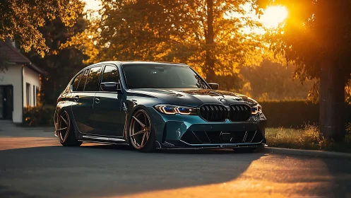 Lowered dark blue BMW wagon on suburban street at sunset.