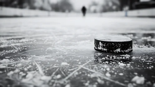 Close-up hockey puck on outdoor frozen rink in winter.
