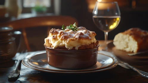 Rustic bread pudding souffle in warm candlelit tavern setting.
