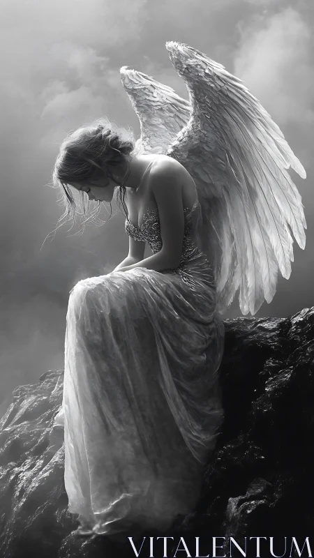 Winged female figure seated on rocky outcrop in mist.