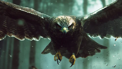 Majestic eagle in flight over misty forest, cinematic digital art.