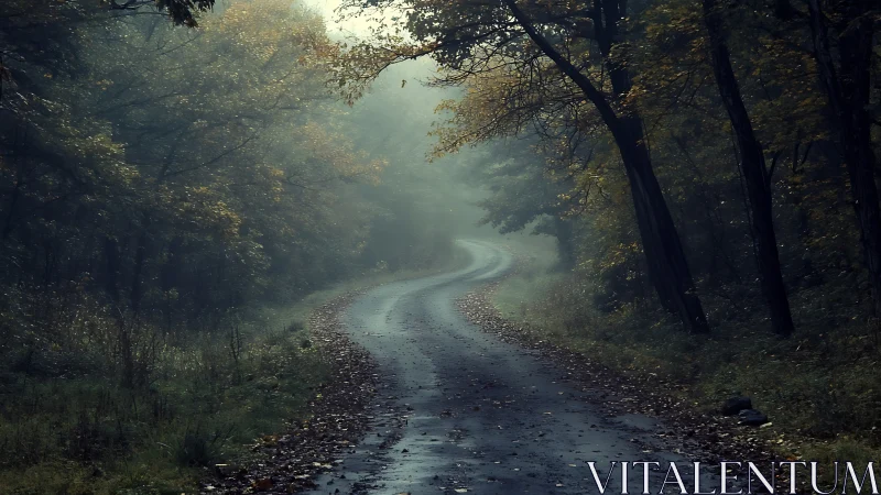Atmospheric Woodland Road Pathway Through Dense Deciduous Forest Canopy.