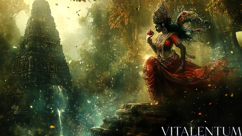 Divine dancer strides before misted jungle temple cascade