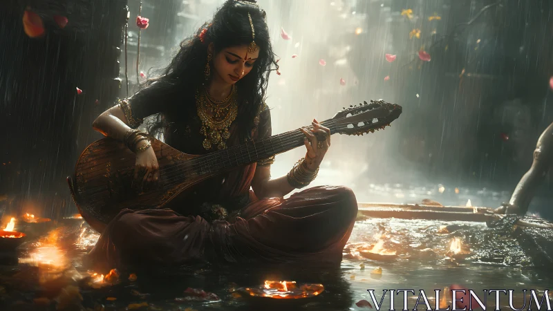 Woman playing string instrument in rain with floating lamps.