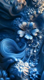 Dreamy blue floral waves swirling through soft light.