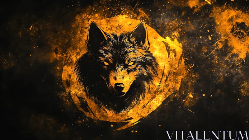 Luminous ember wolf portrait within abstract ink explosion