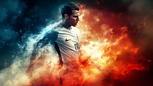 Footballer emerges through dual-element fire and ice vortex