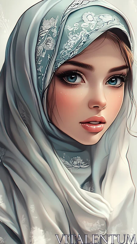Elegant veiled portrait with luminous teal embroidered hijab.