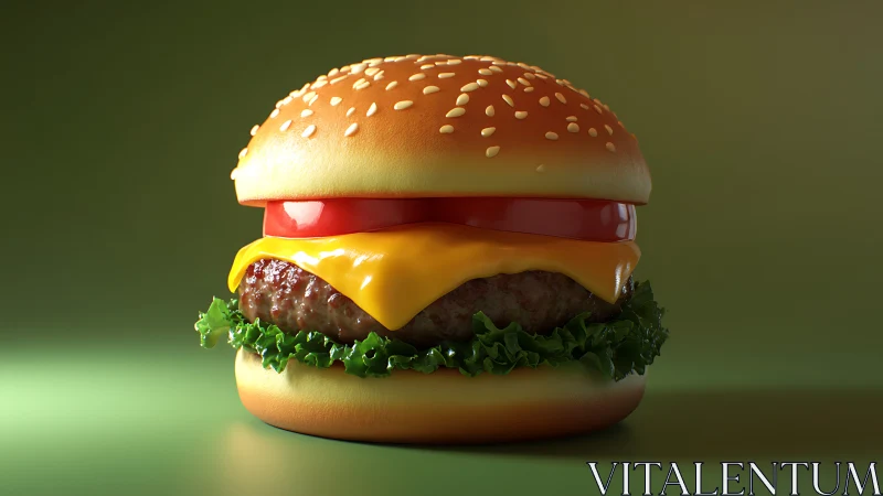 Lustrous cheeseburger render under soft studio lighting.