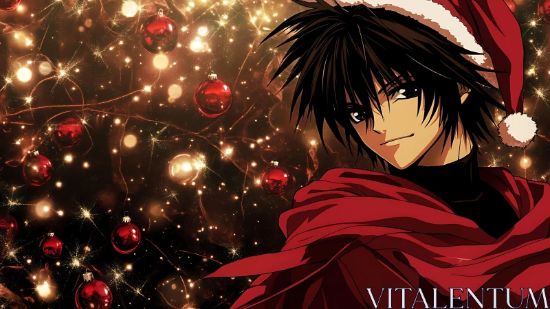 Anime boy in Santa outfit amid glowing holiday lights.