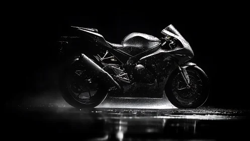 High-contrast superbike profile in rain-saturated low-key lighting.